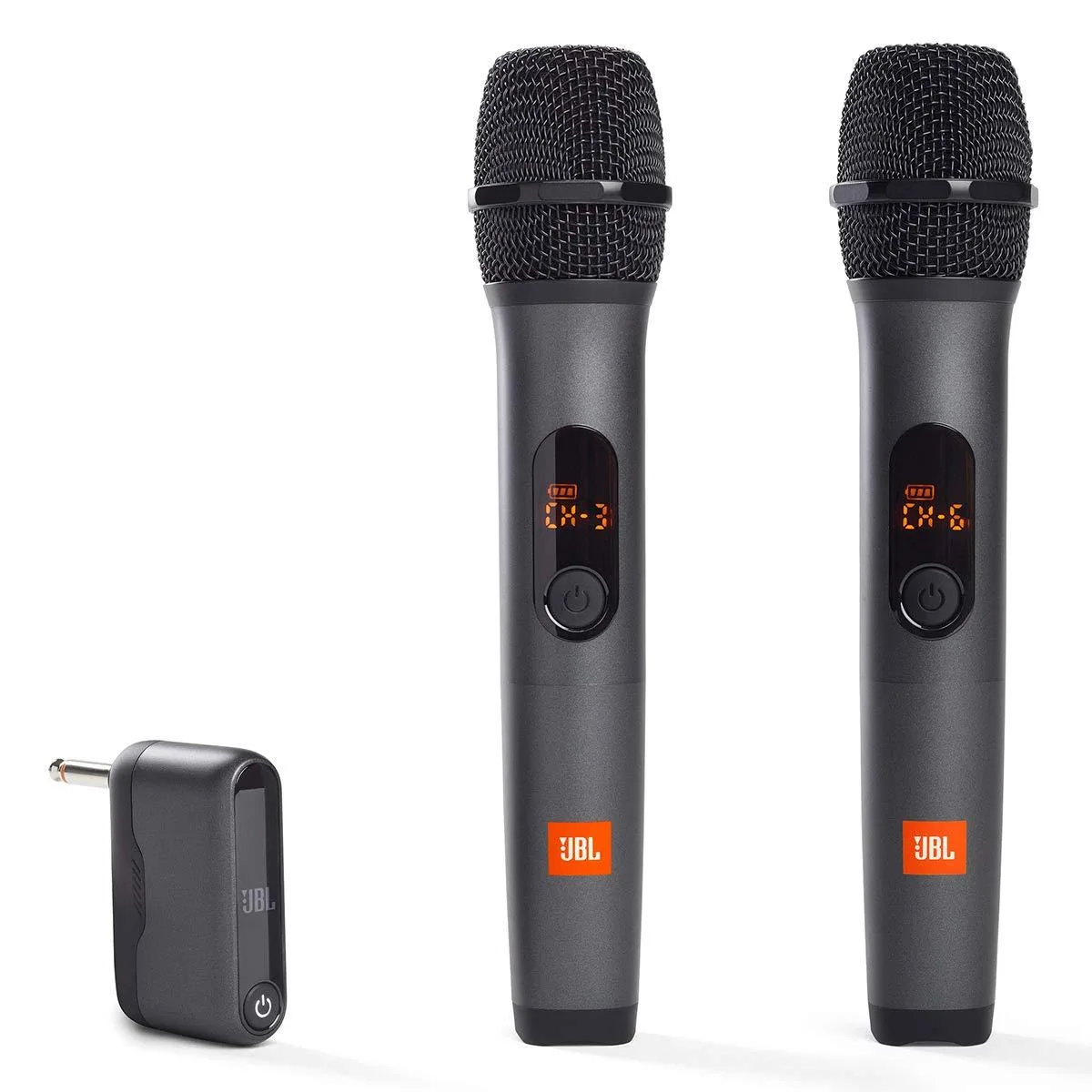 Black dual-channel wireless microphone system with two handheld mics and compact receiver