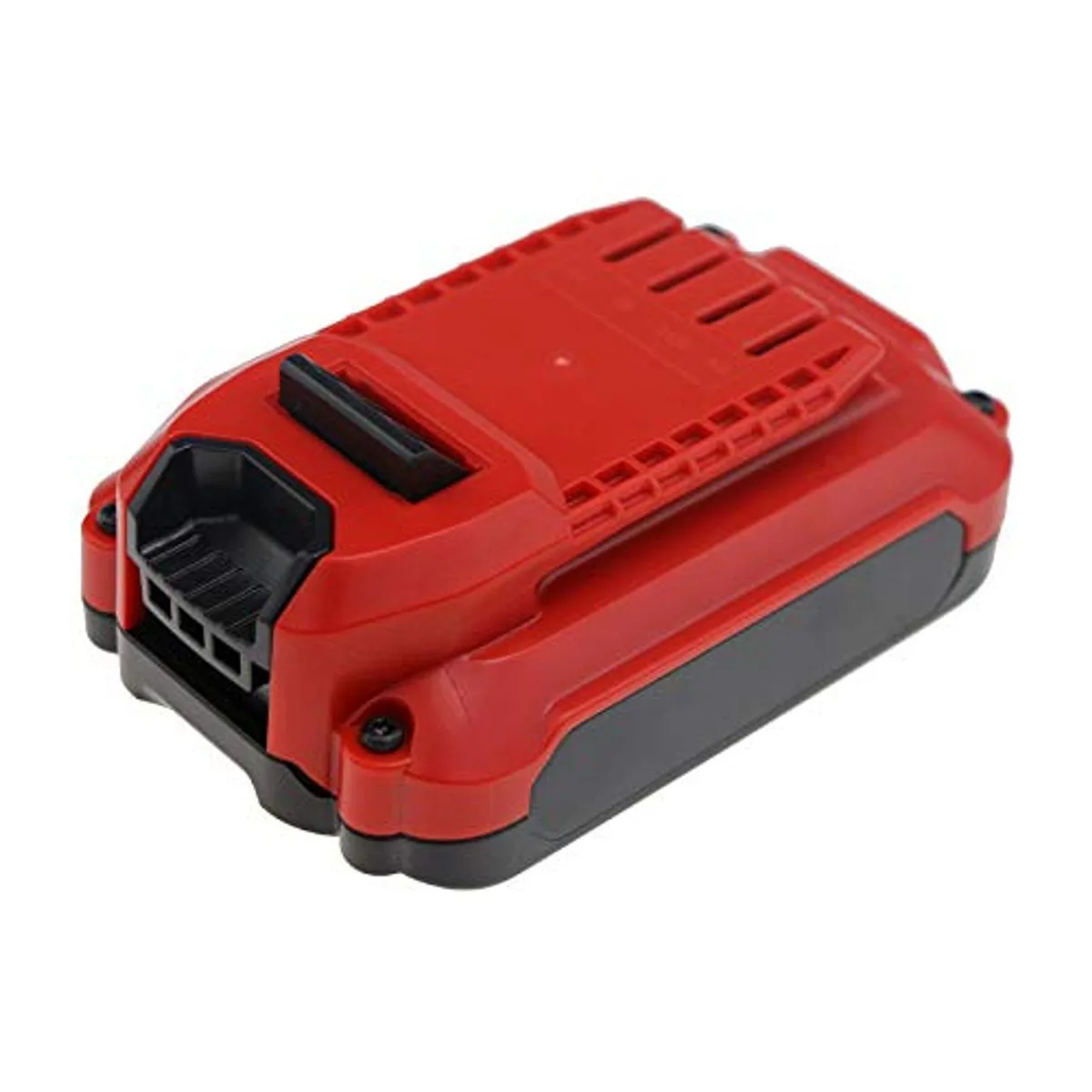 Rectangular black power-tool battery with slide-on contacts and branded label