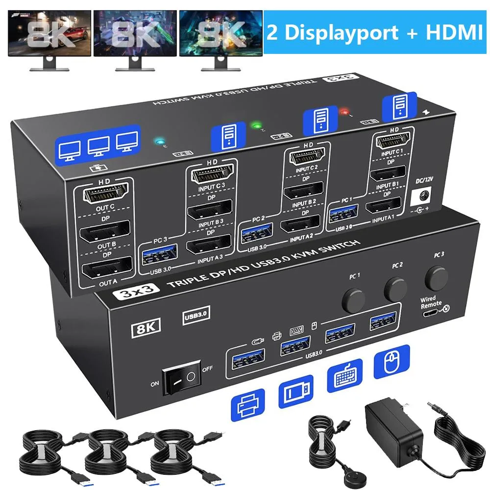 SMA SMA 2 DisplayPort + HDMI Triple Monitor KVM Switch 3 PC 8K@60Hz — product photo