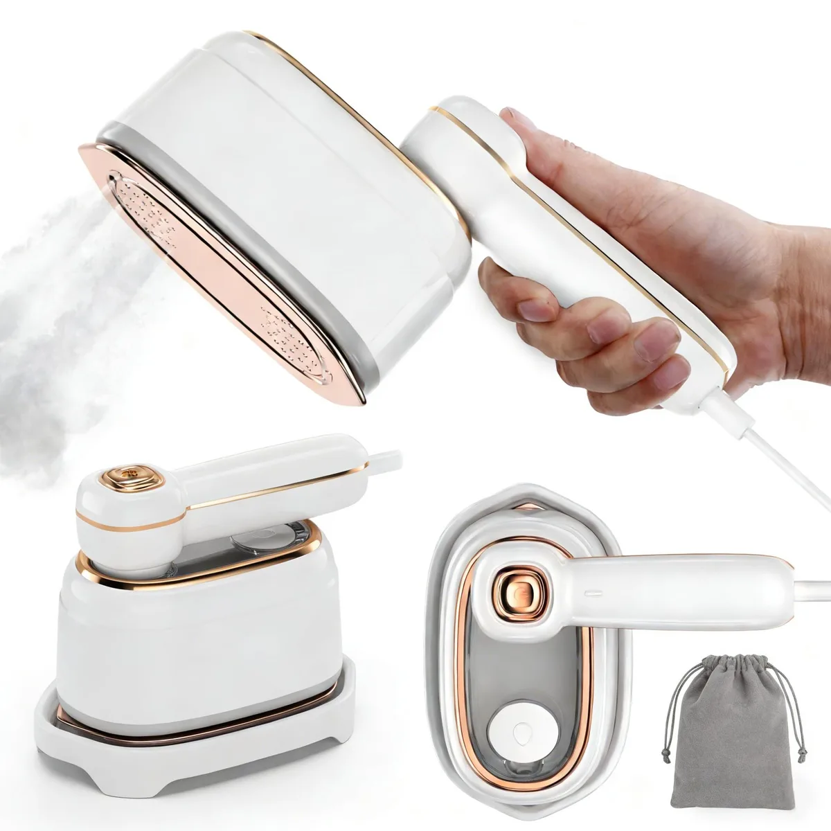 White handheld steamer with foldable 180-degree rotating handle and 100ml water tank