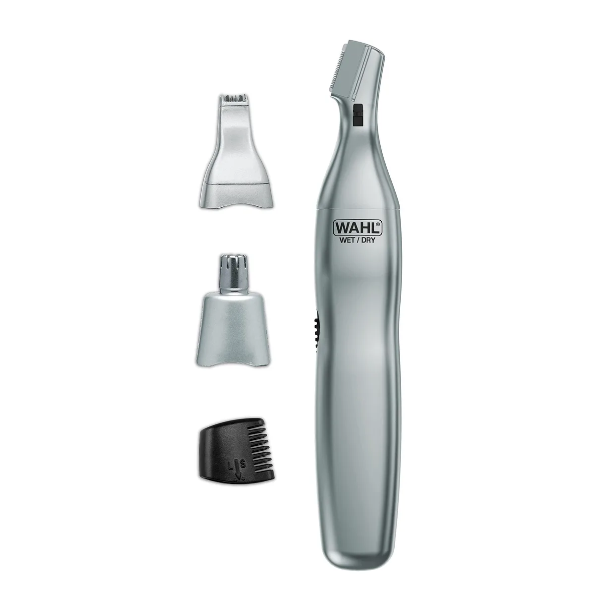 Black Wahl 5545-400 trimmer with three interchangeable heads and eyebrow comb