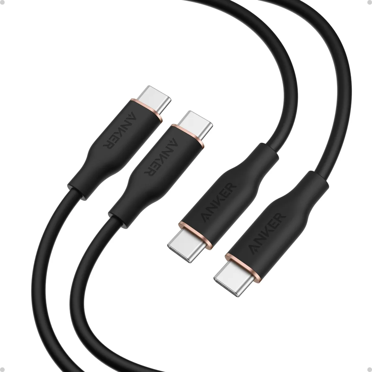 Two soft black silicone USB-C cables with a silicone strap, coiled together