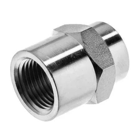 Hexagonal stainless steel reducing coupling, silver metal finish
