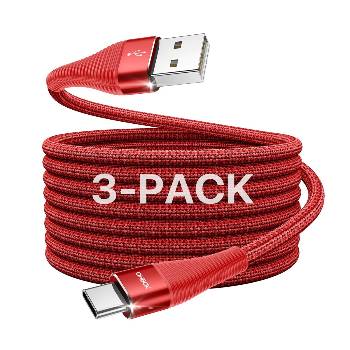Three red braided USB A to USB C cables, each ten feet long