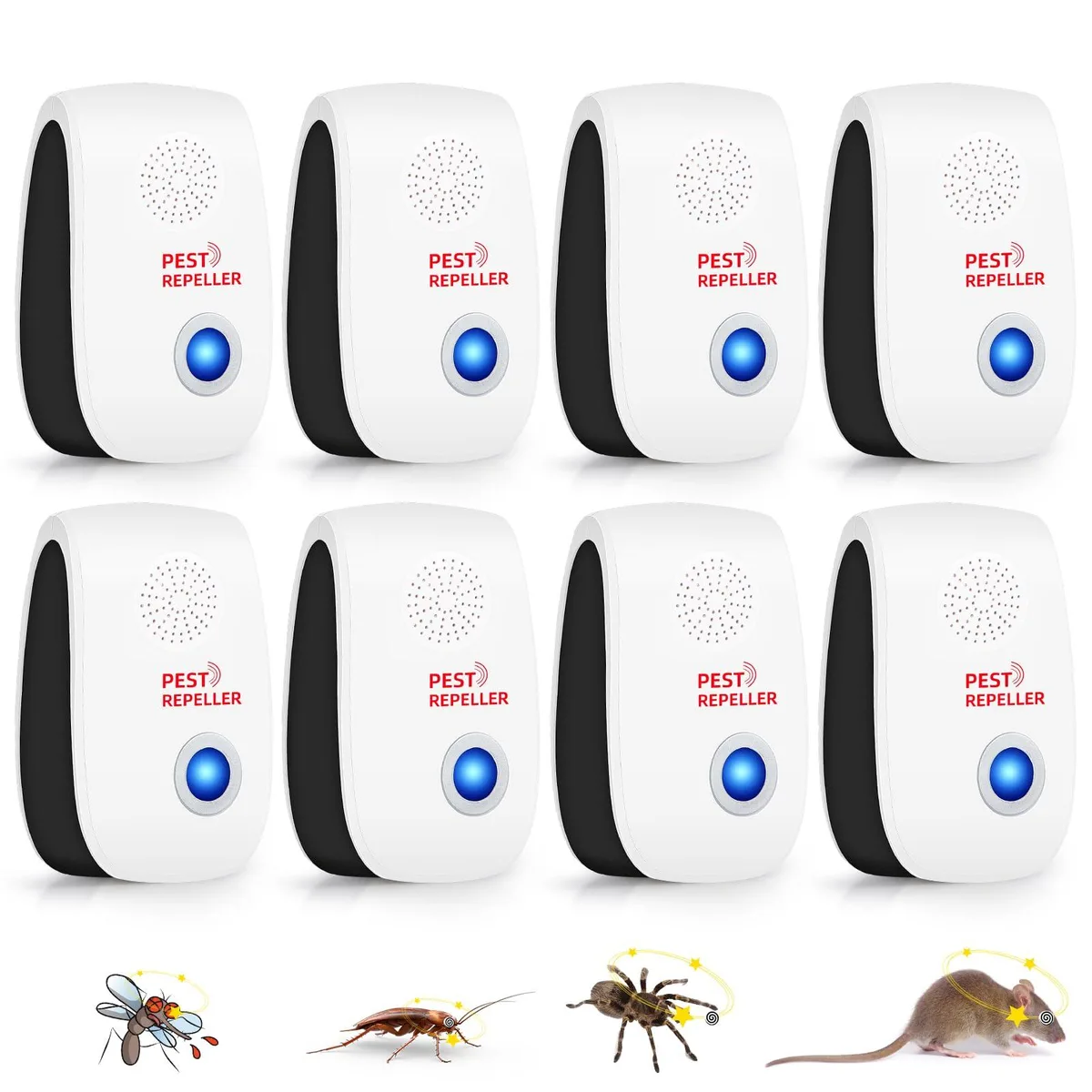 Eight white plug-in pest repellers with blue indicator lights