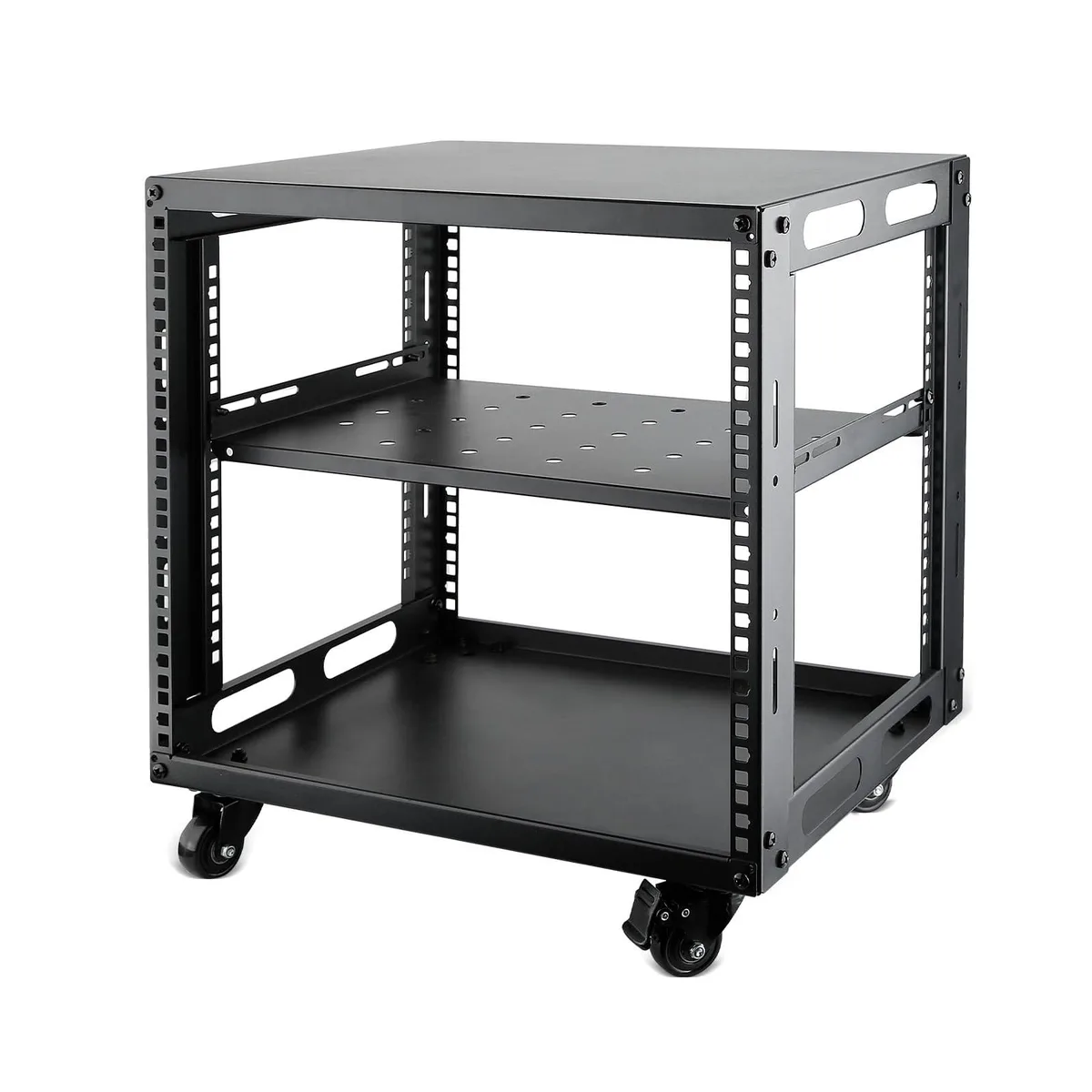 Black open-frame 9U server rack on four wheels, rectangular metal frame with square mounting holes
