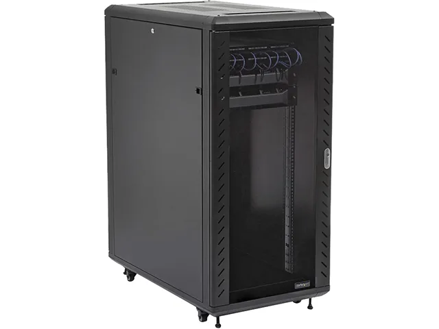 Black 32U 19-inch server rack cabinet with vented glass front door, perforated rear door, removable locking side panels