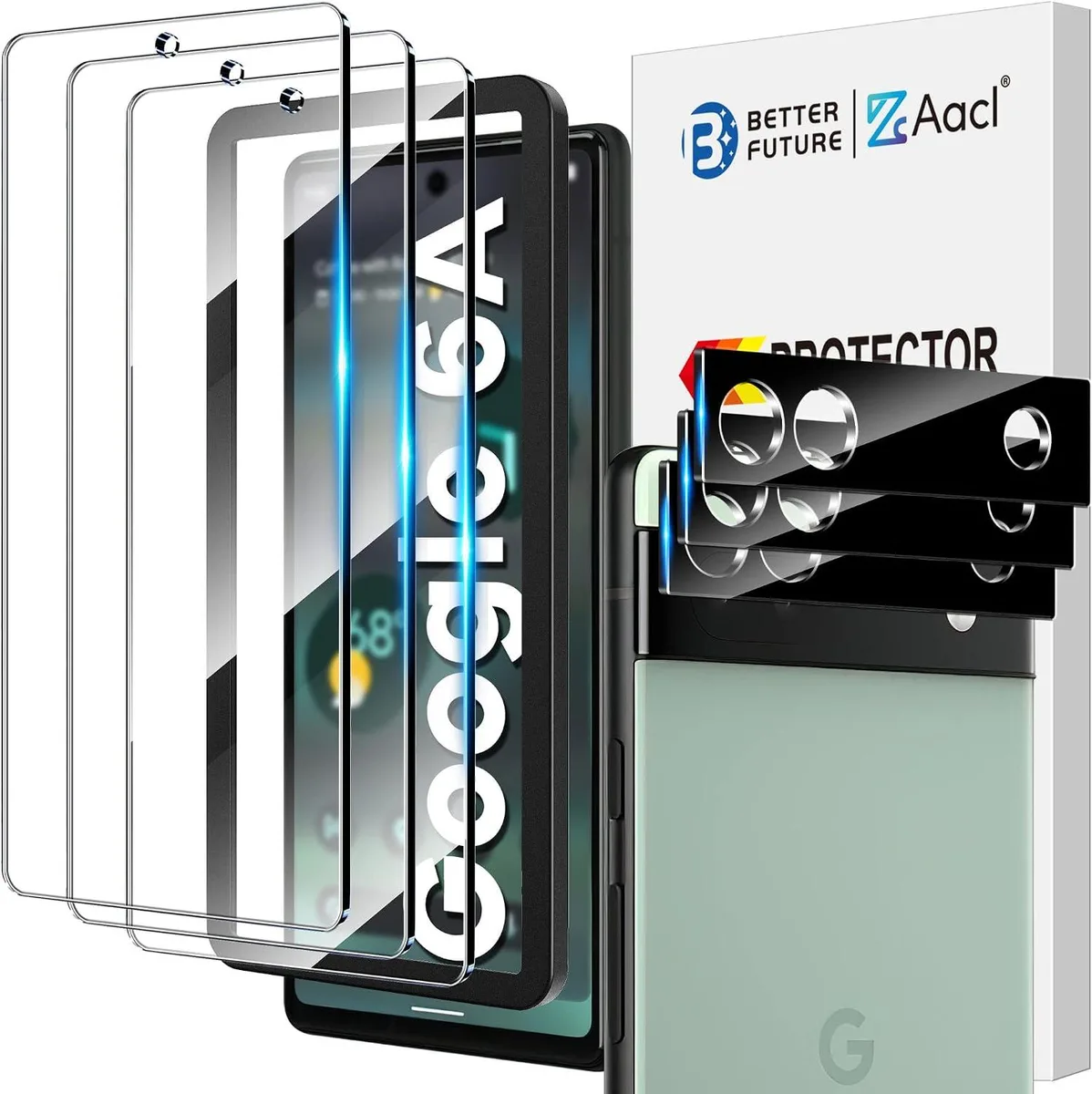 Three tempered-glass screen protectors and three camera lens protectors with alignment frame for Pixel 6a 6.1 2022