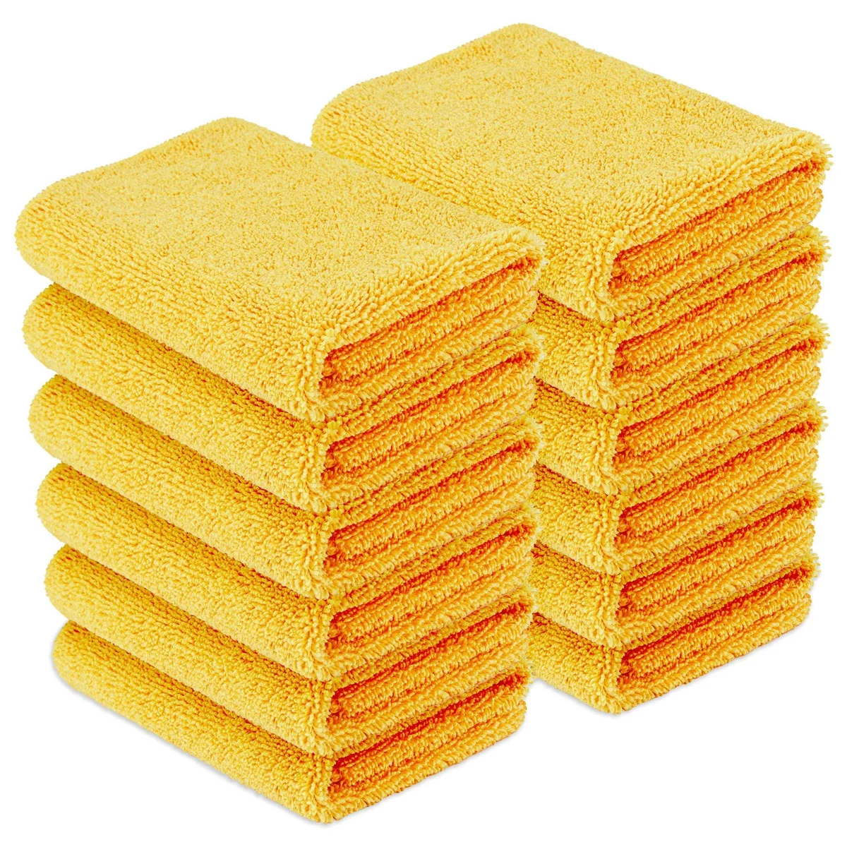 Stack of twelve square yellow microfiber towels, 16 by 16 inches, folded flat