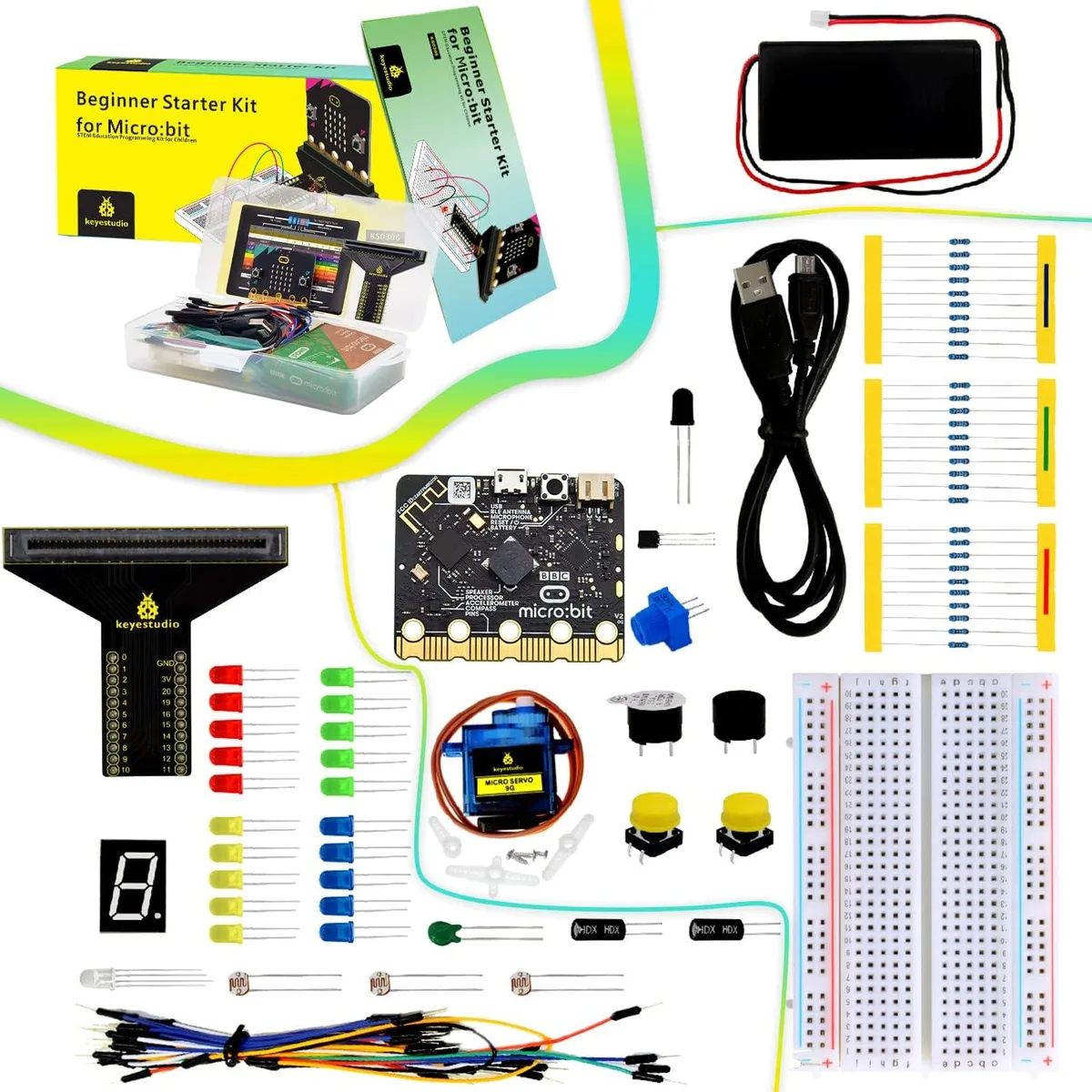 Micro:bit V2.21 board in compartmentalised plastic box with sensors, LEDs and resistors