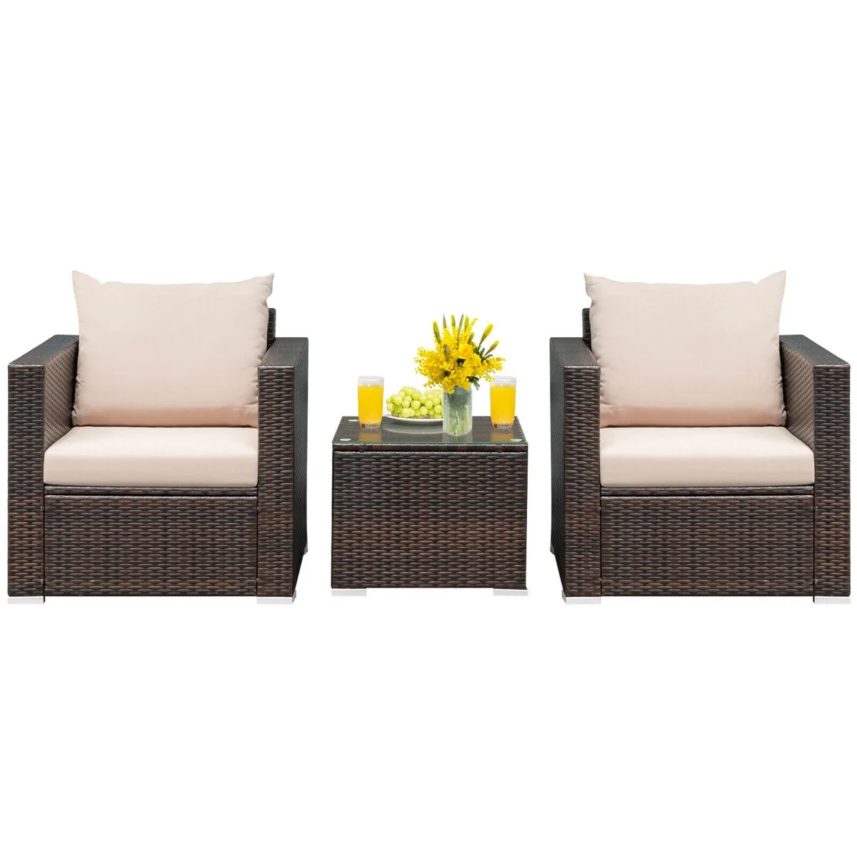 SlickBlue SlickBlue 3 Pcs Patio Conversation Rattan Furniture Set with Cushion Beige — product photo