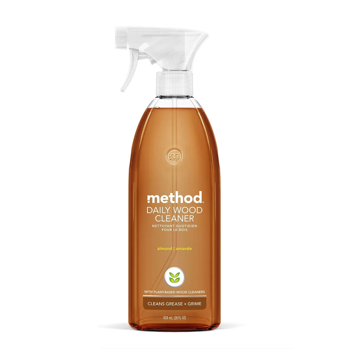 White 28 oz spray bottle with trigger, almond wood cleaner