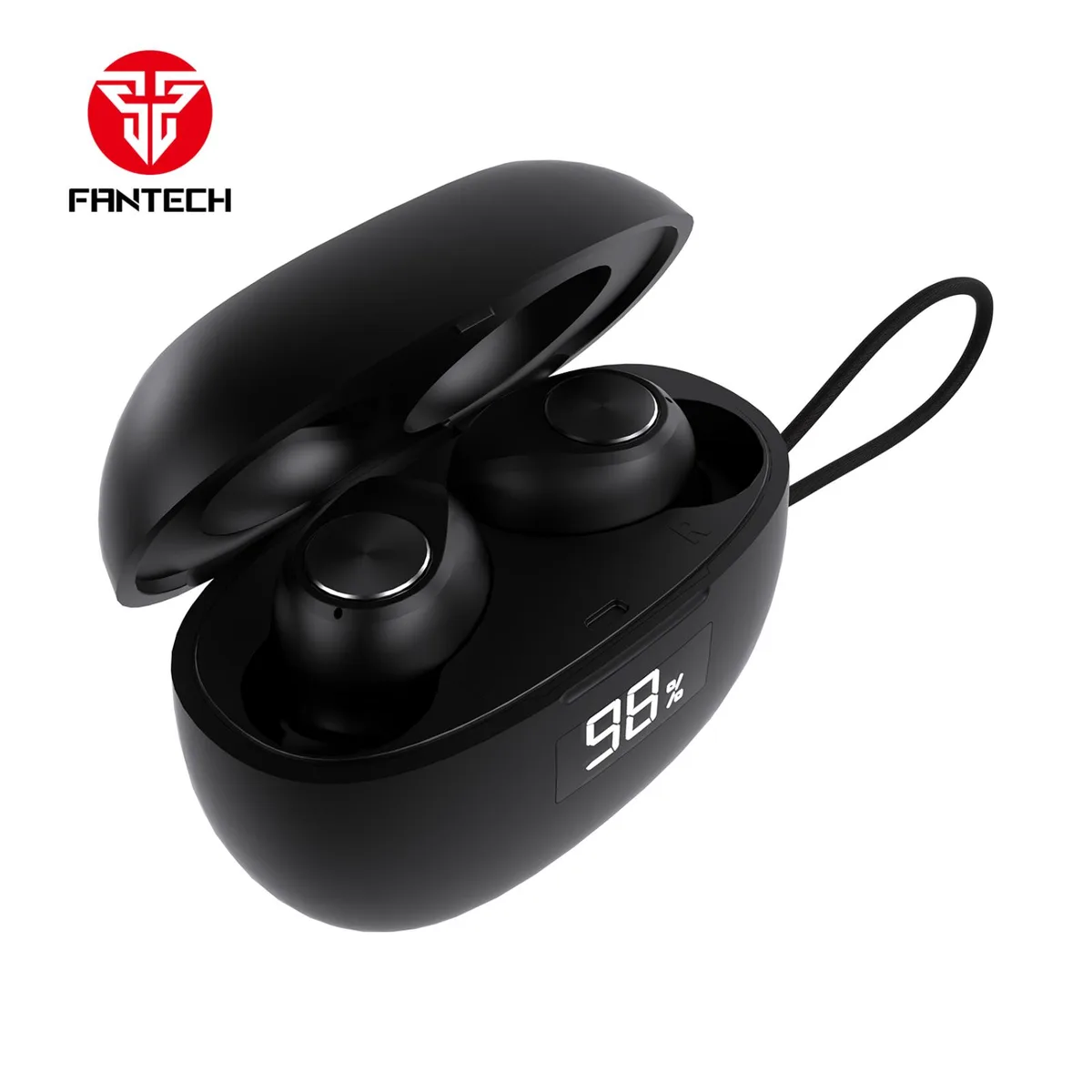 Black true wireless earbuds in compact charging case