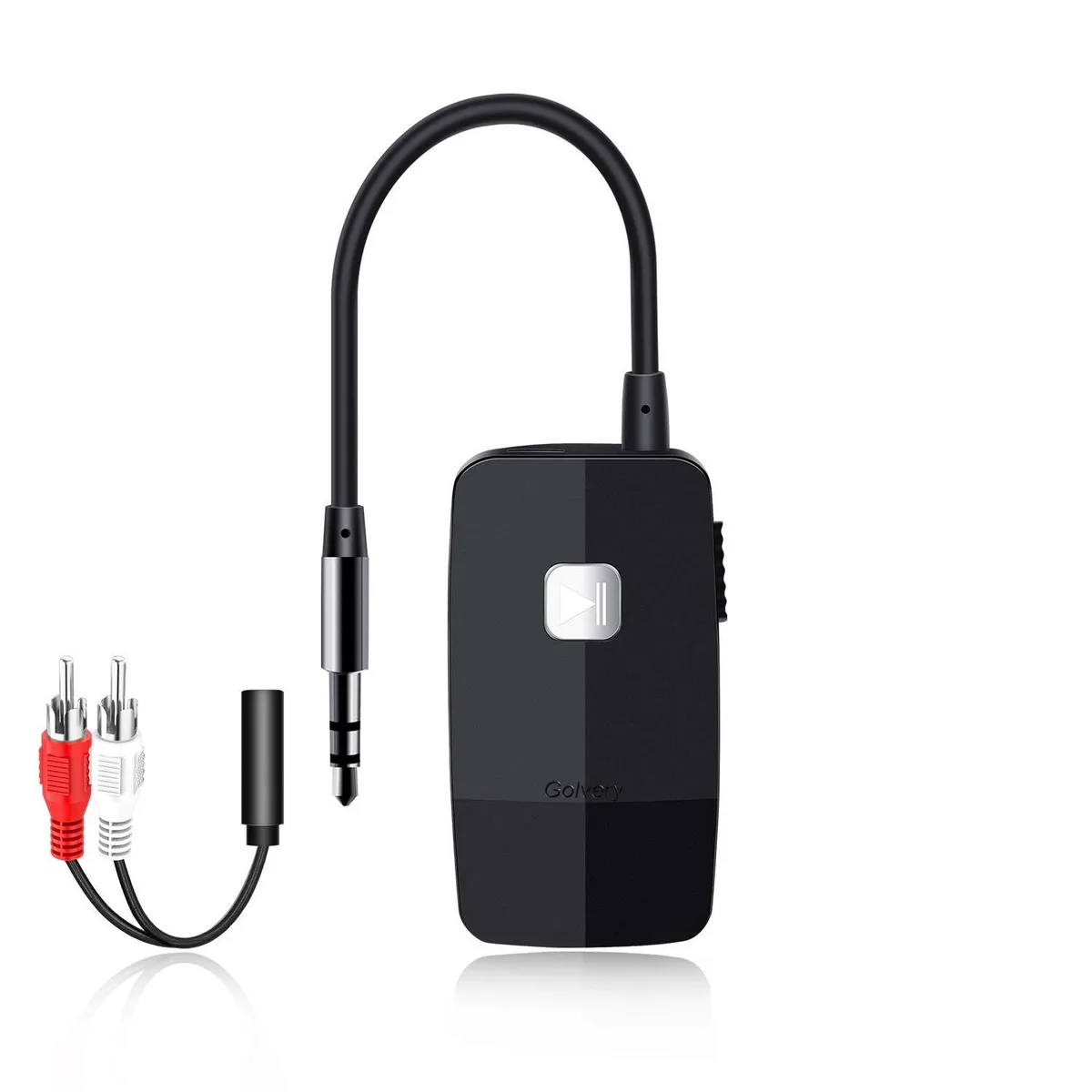 Small rectangular Bluetooth 5.4 receiver with 3.5mm AUX cable, matte finish, 13 grams