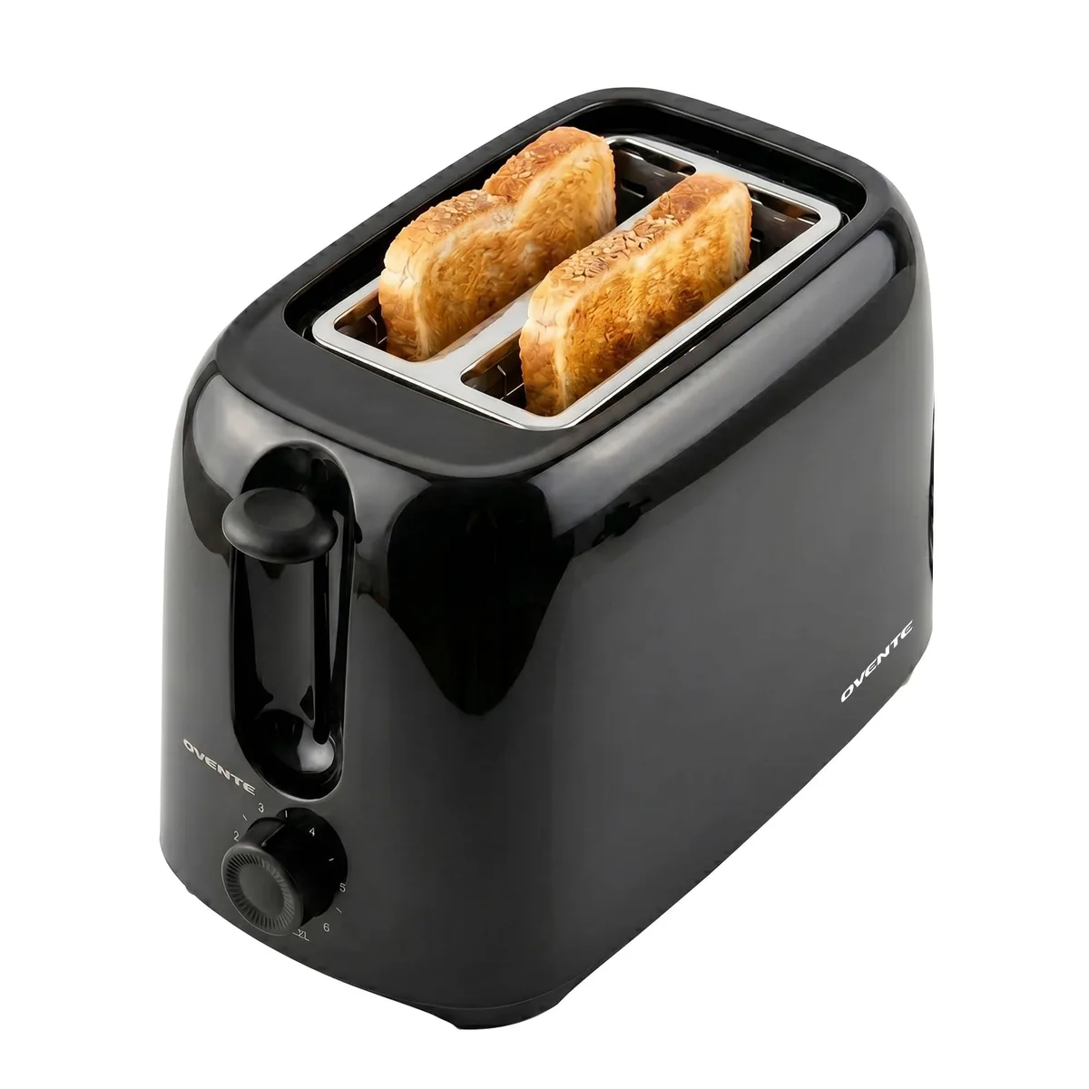 Compact black two-slice toaster with matte finish and lever control