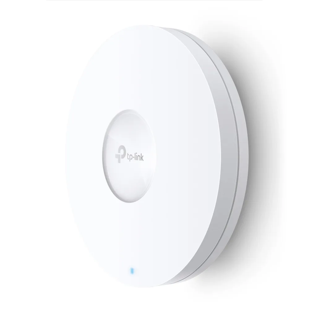 White square ceiling-mount access point with black vents