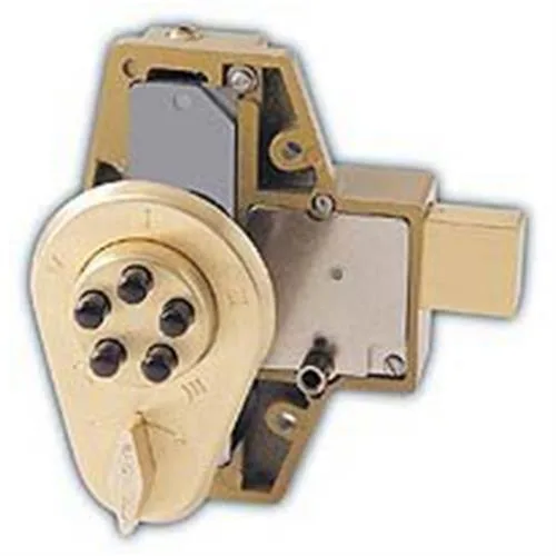 Satin brass mechanical pushbutton door lock with deadbolt