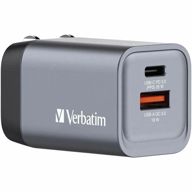 White compact GaN wall charger with foldable US prongs and two ports
