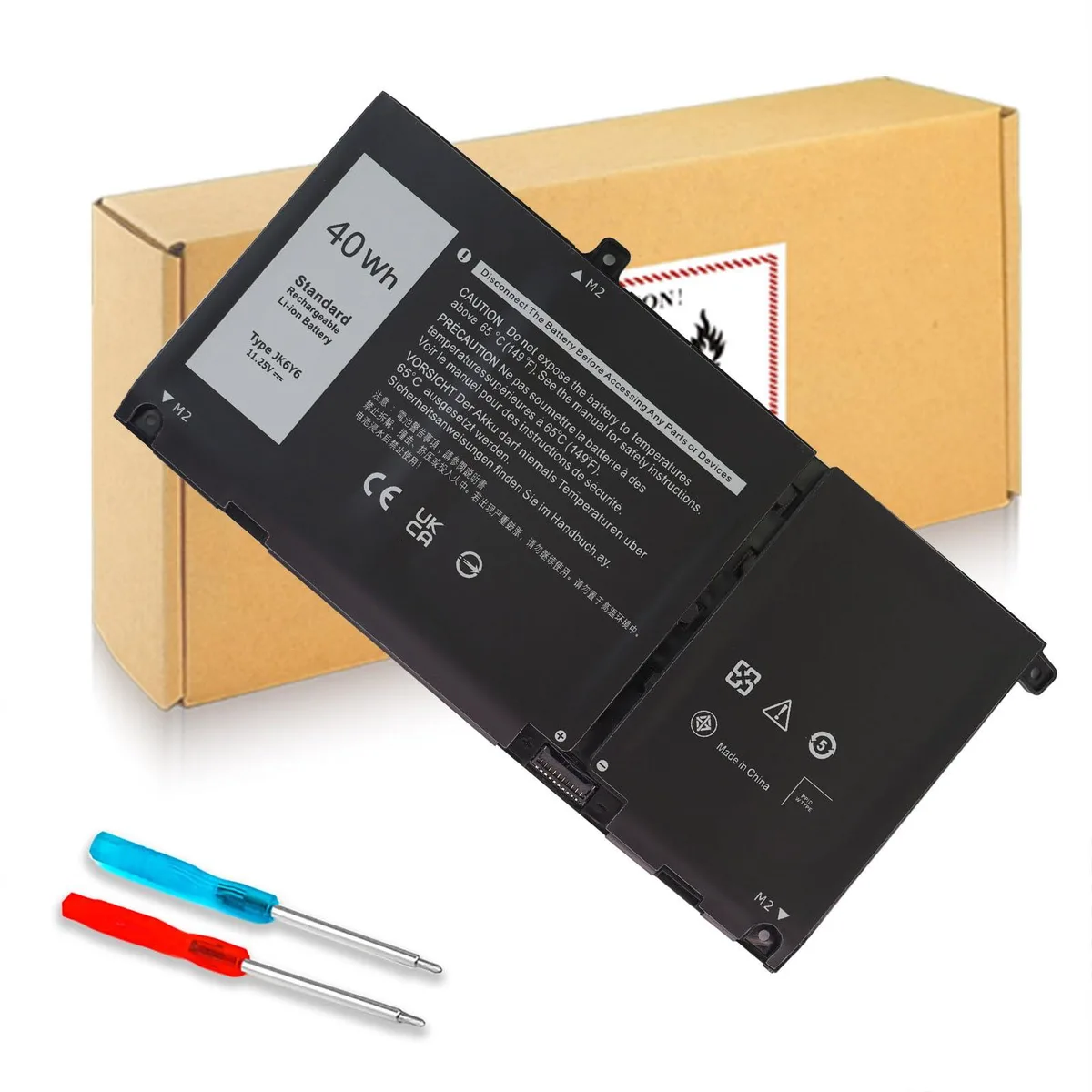 Black rectangular lithium-ion laptop battery with screw holes and connector strip