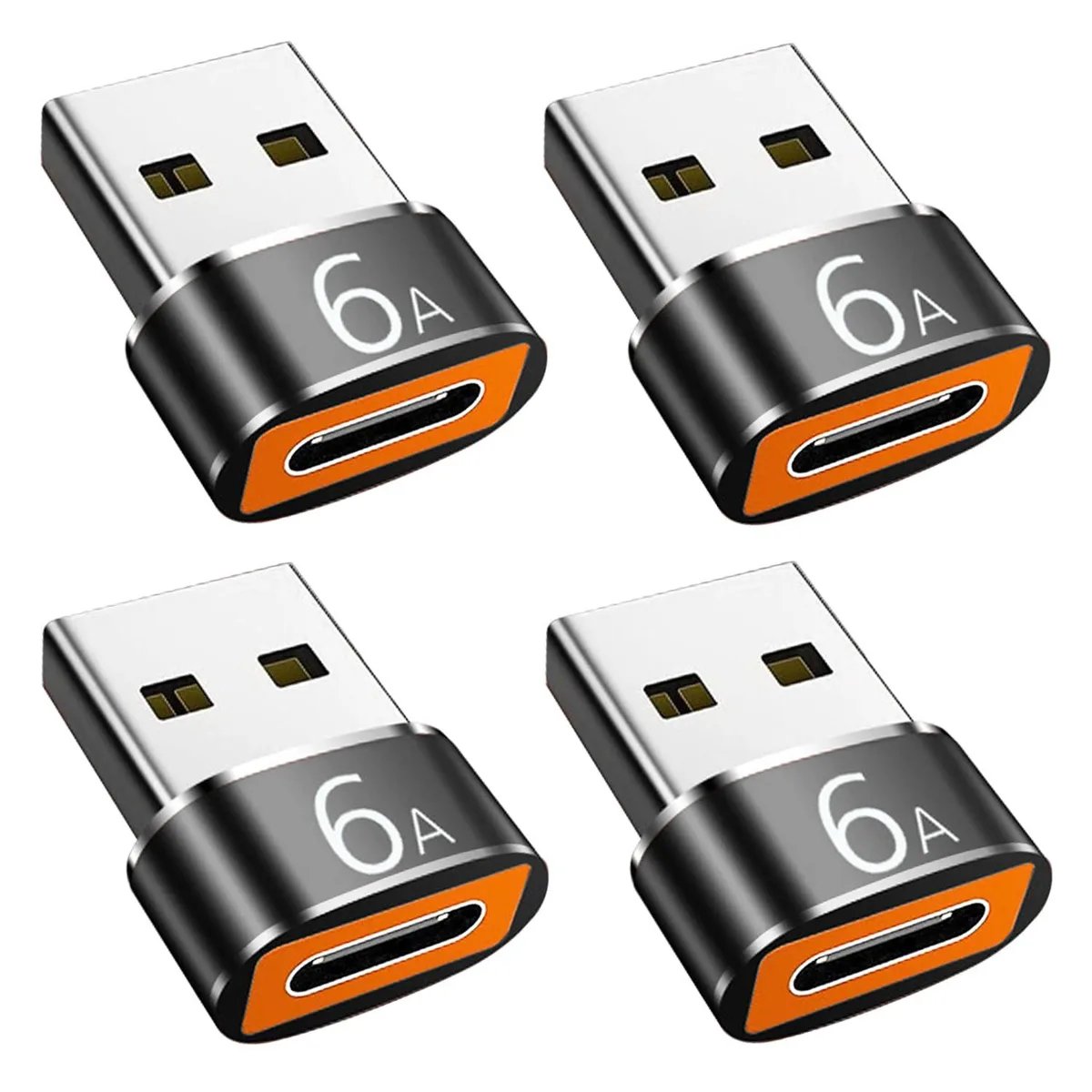 Four tiny black USB-C female to USB-A male adapters with aluminium bodies