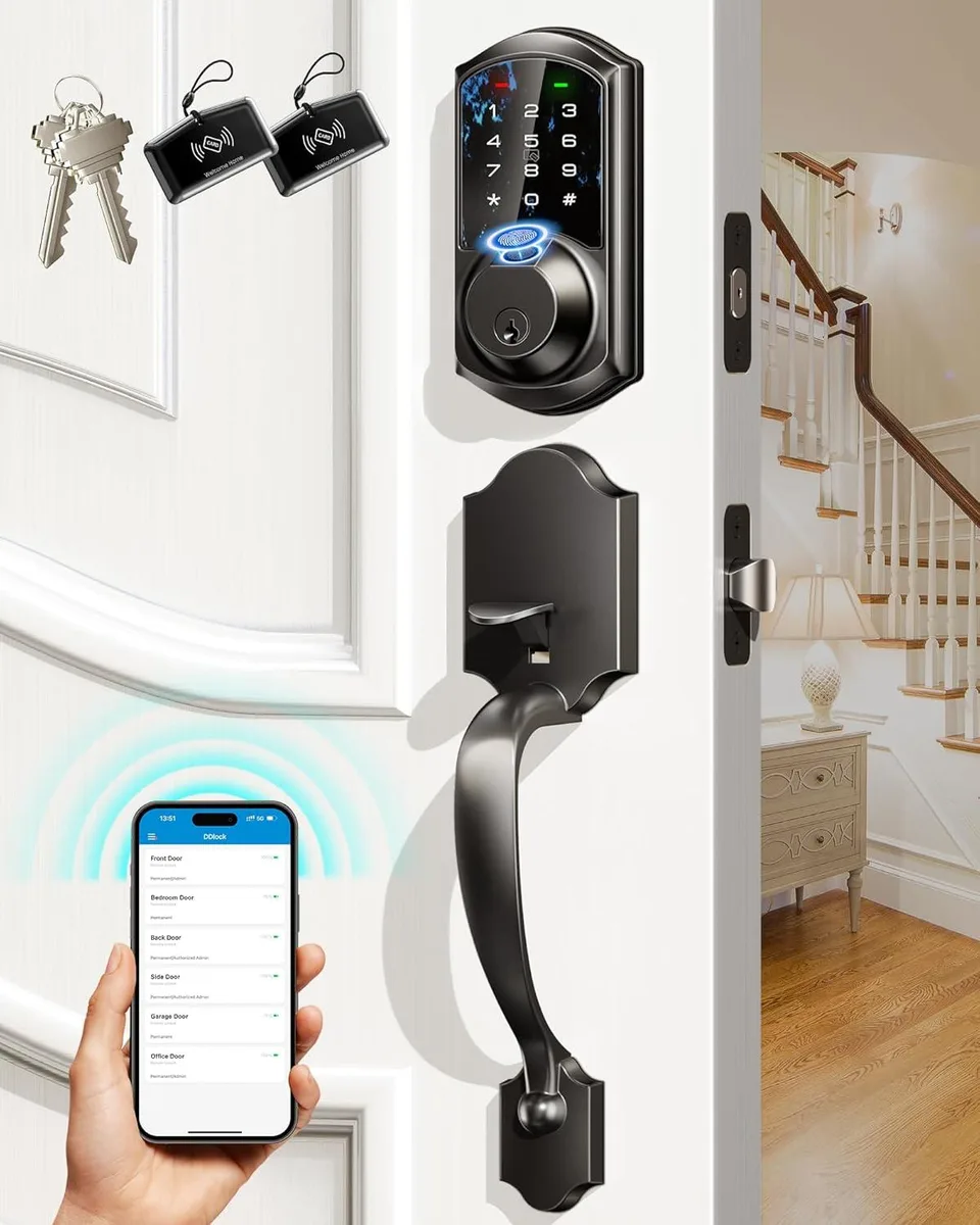 Matte black smart door lock with handle set and fingerprint reader