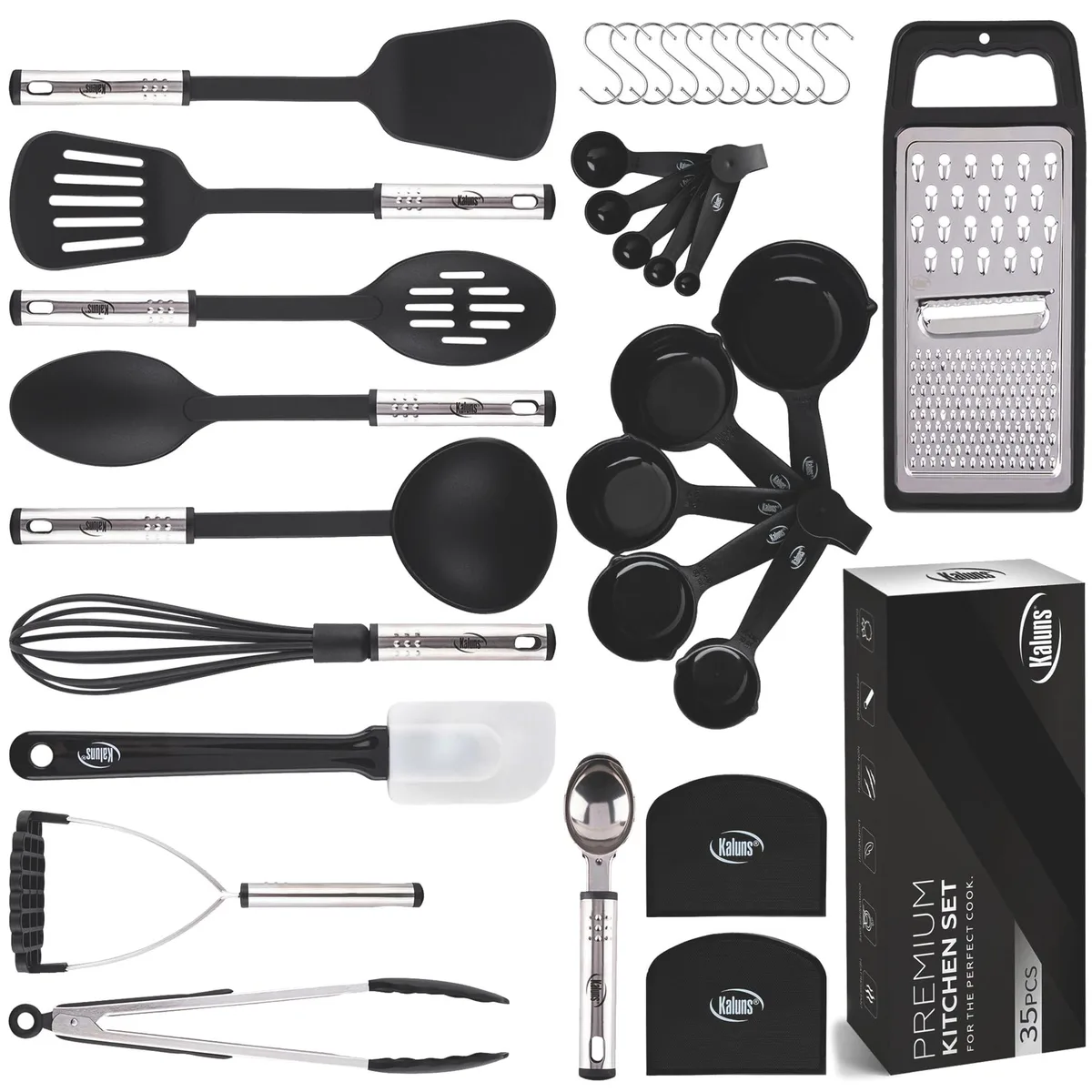 Black 35-piece nylon and stainless steel utensil set in gift box