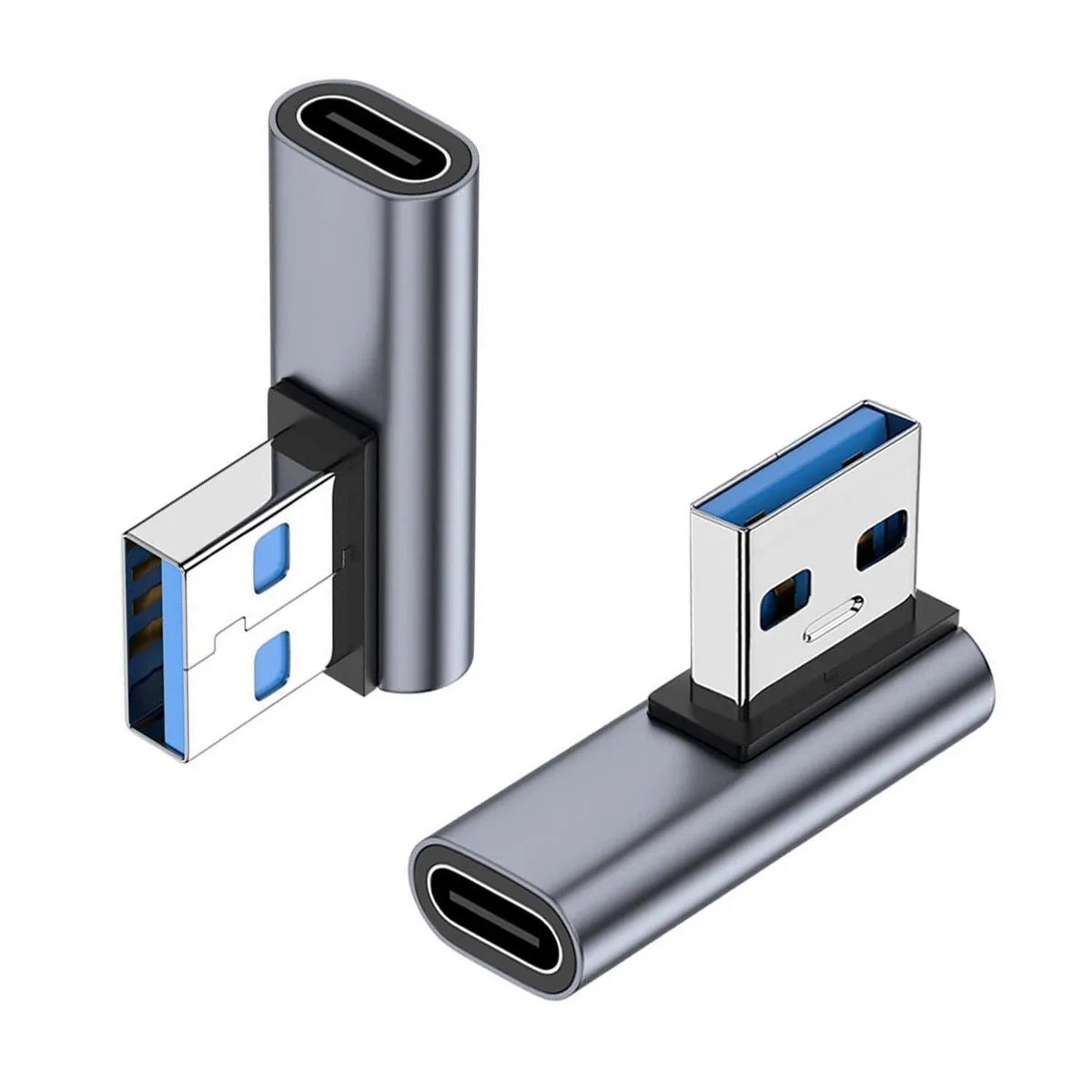 Two grey right-angle USB-C female to USB-A male adapters