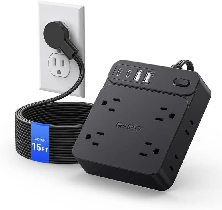 Orico Orico SP1-8A 12-outlet power strip 8AC 2USB-A 2USB-C 15ft flat plug 45° .3in mountable black — product photo