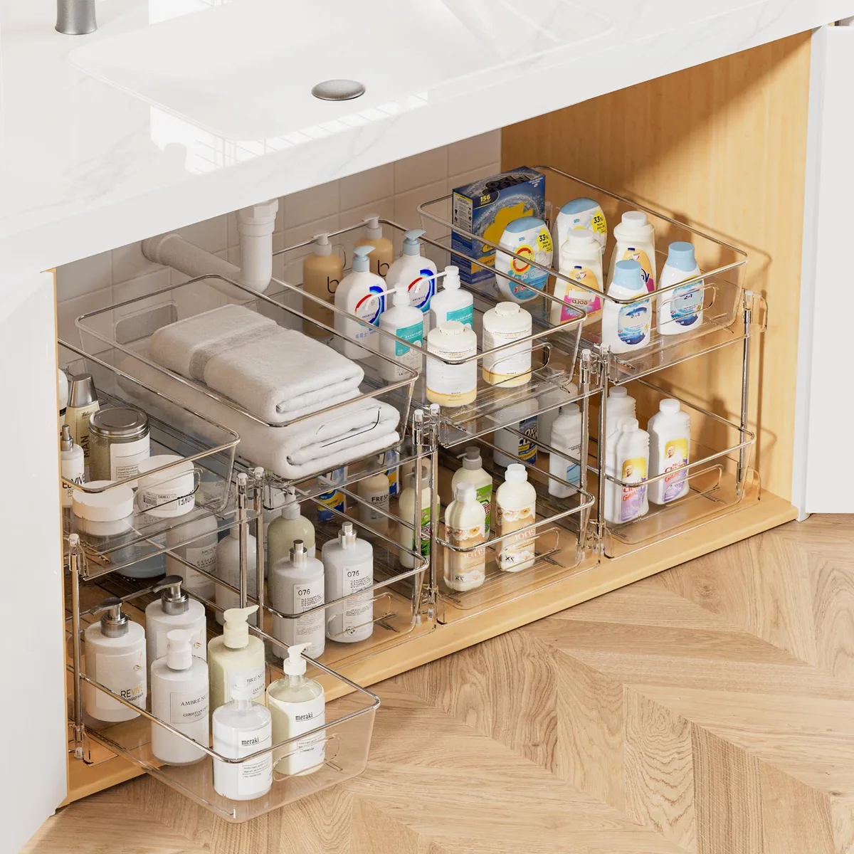 Four clear two-tier pull-out bins with chrome frames and handles, each 11.8 by 7.5 by 10 inches
