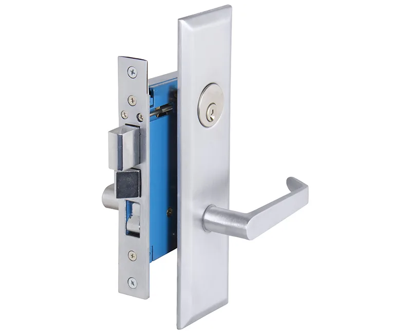 Satin chrome mortise lockset with screwless lever handles, left hand, 2-1/2 inch backset