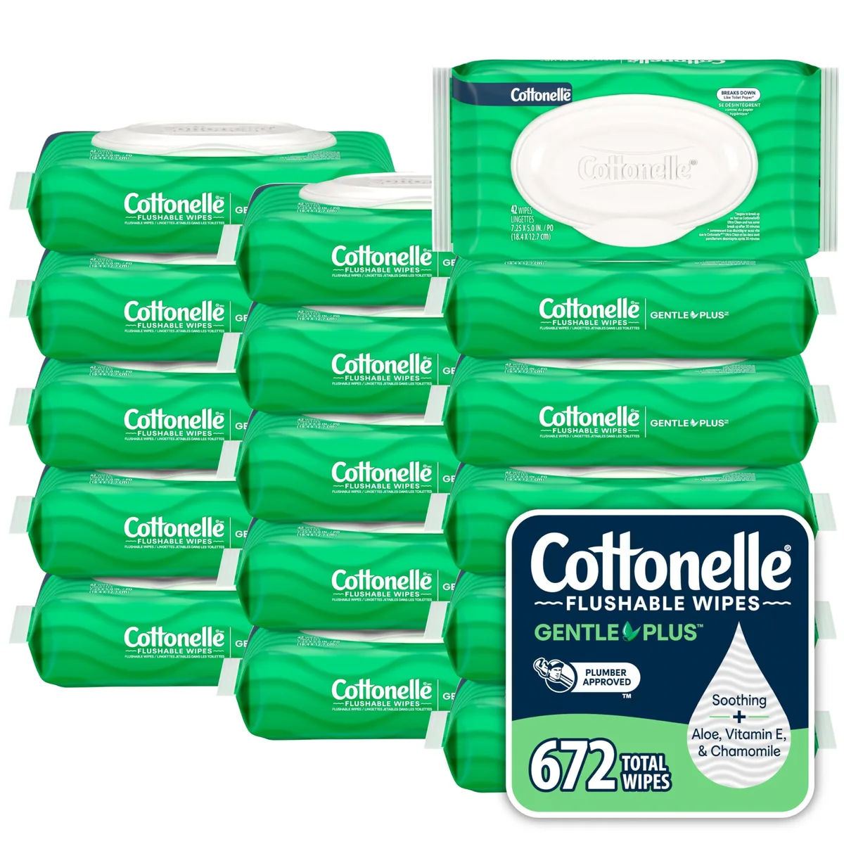 Sixteen white flip-top packs of flushable wipes
