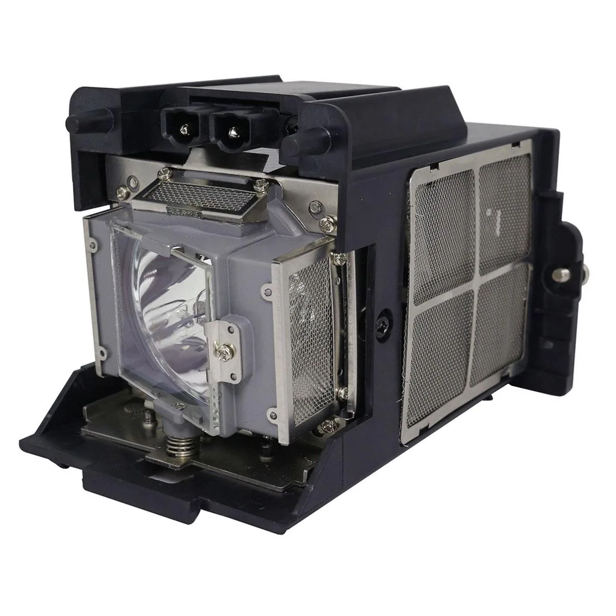 A rectangular projector lamp module in a black plastic housing with a silver metal reflector and glass bulb visible inside