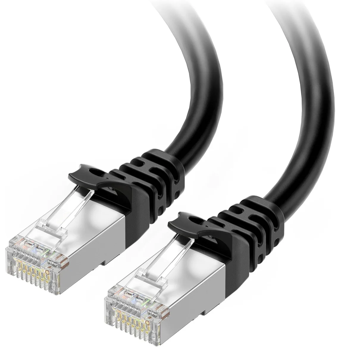Black shielded Cat6A Ethernet cable with snagless RJ45 connectors, 25ft length