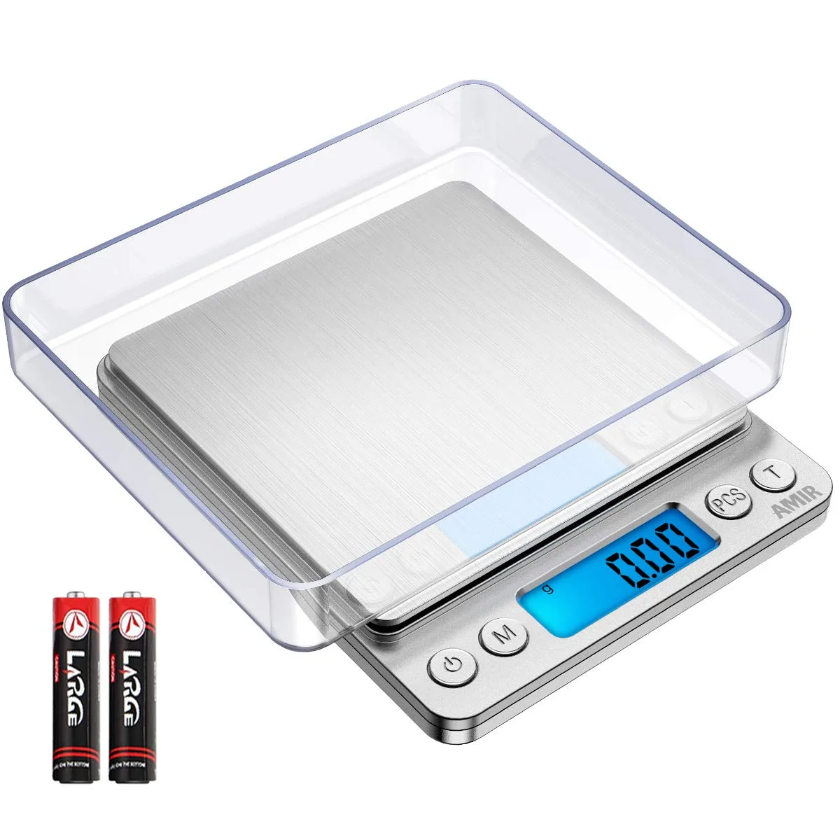 Compact digital scale with stainless steel platform, ABS frame, blue backlit LCD, two trays