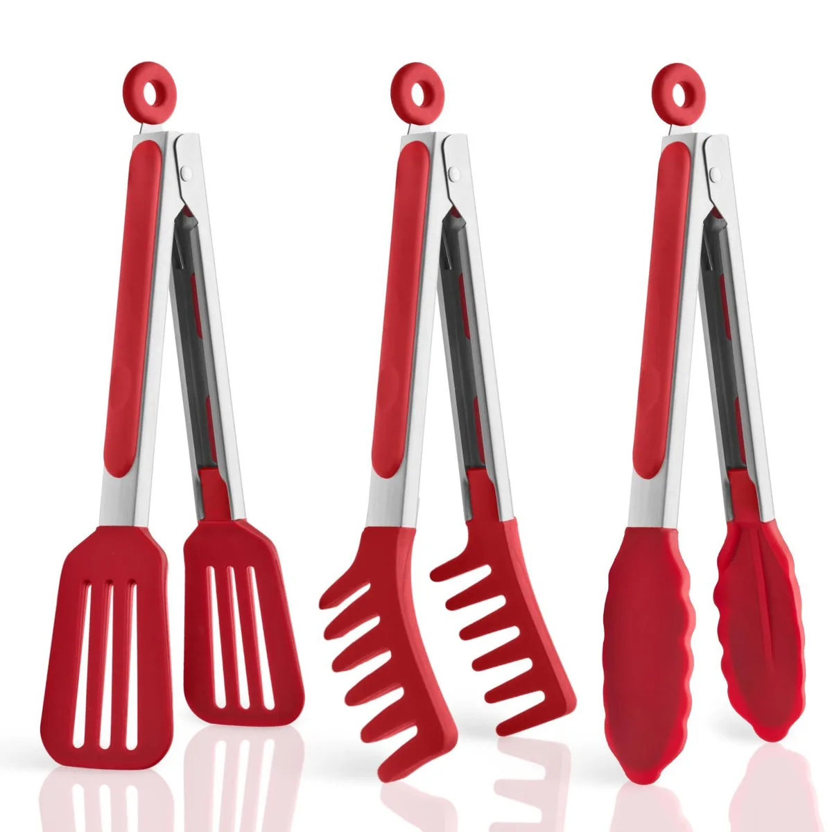 Three red 9-inch stainless steel tongs with silicone tips
