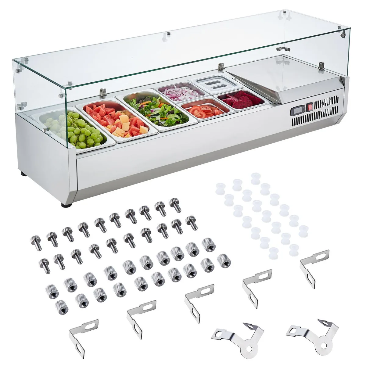 VEVOR VEVOR 140 W Countertop Condiment Prep Station 3×1/3 4×1/6 Pans 304 Stainless Glass Guard ETL — product photo