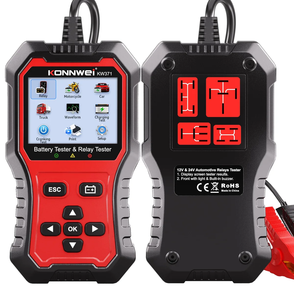 Handheld black tester with LCD screen and cable clamps, 16 by 9 by 2.5 cm