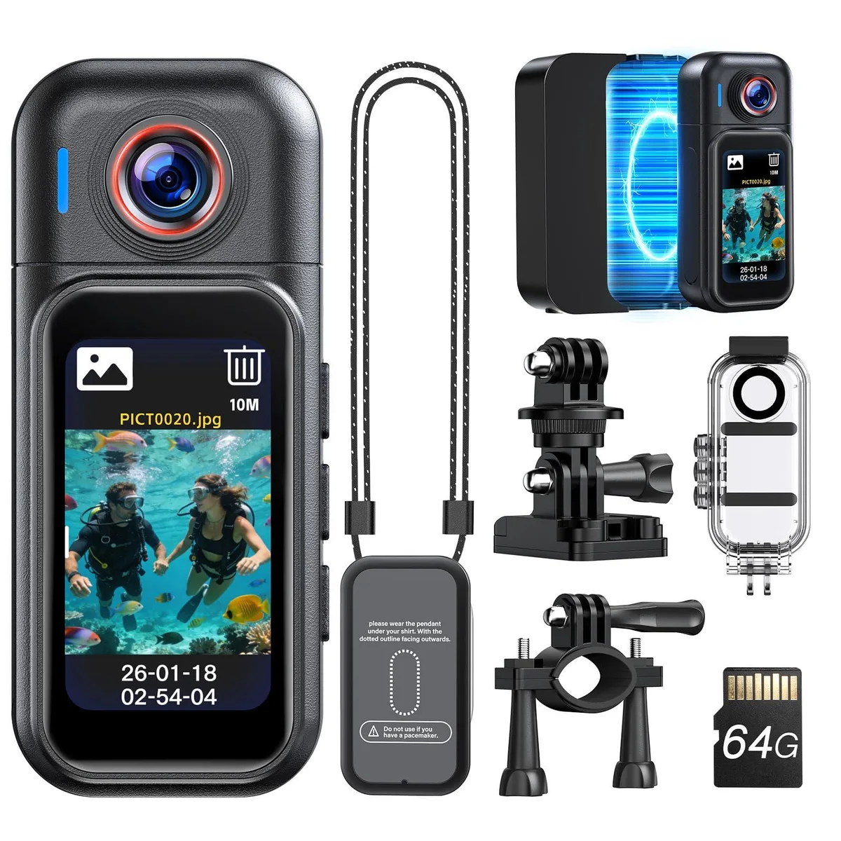 BOBLOV W3 Mini Body Camera 64GB 1080p 1.47in Touchscreen 270° Lens 800mAh+1600mAh Dock — product photo