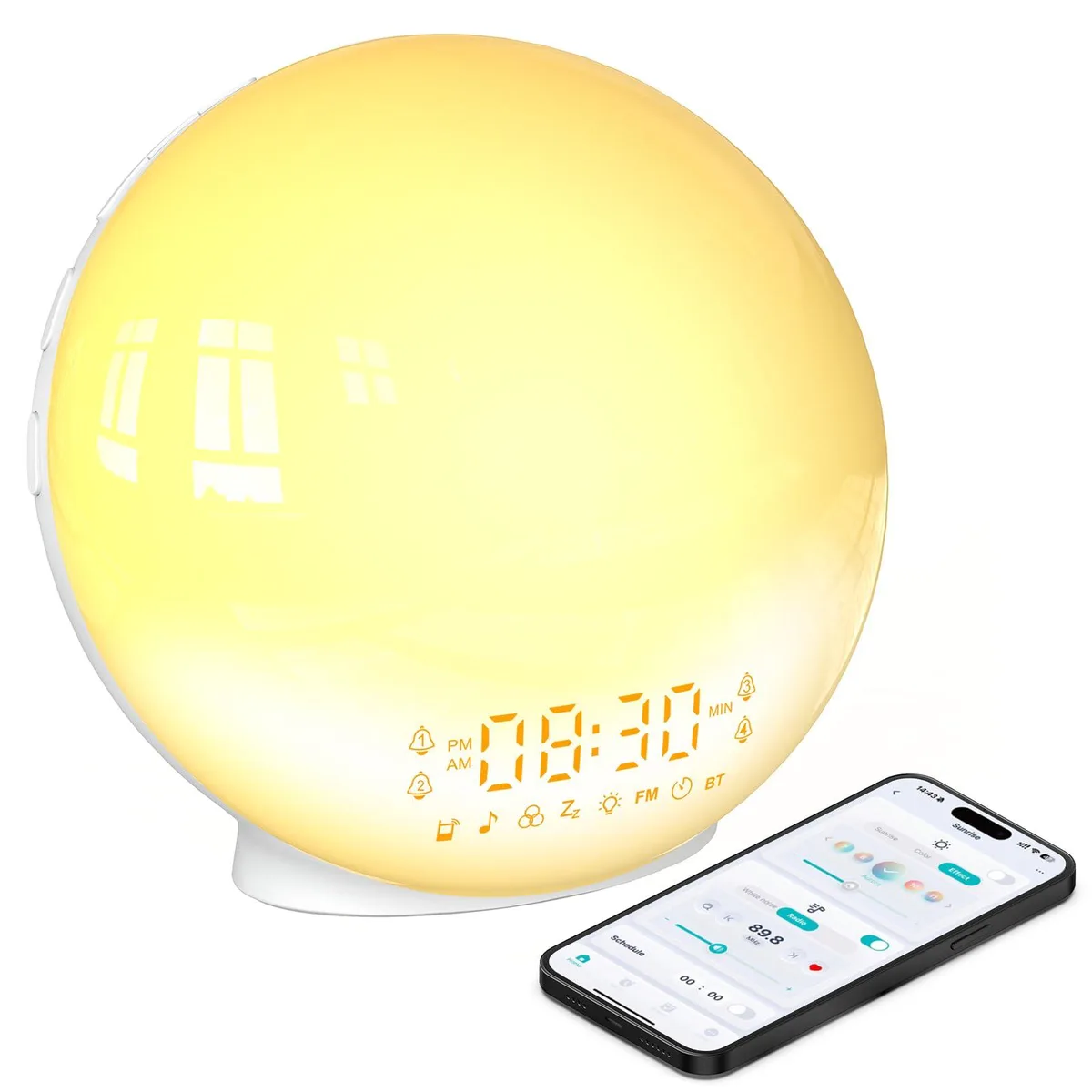 White rectangular digital alarm clock with rounded edges, smooth matte finish, approximately 6.5 inches wide