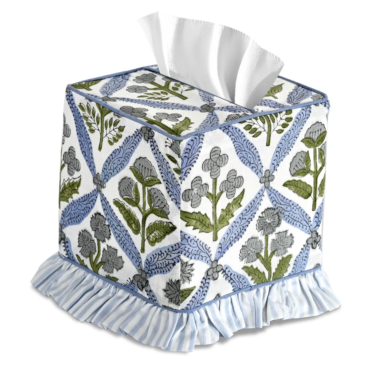 Light steel blue cotton tissue box cover with block print and ruffle edge
