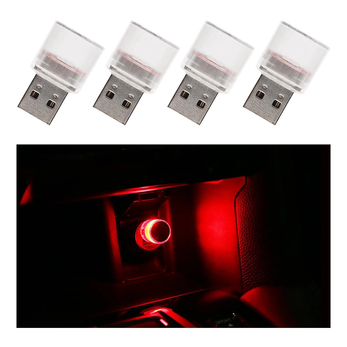  4 PCS USB LED Car Interior Atmosphere Lights (Red) — product photo