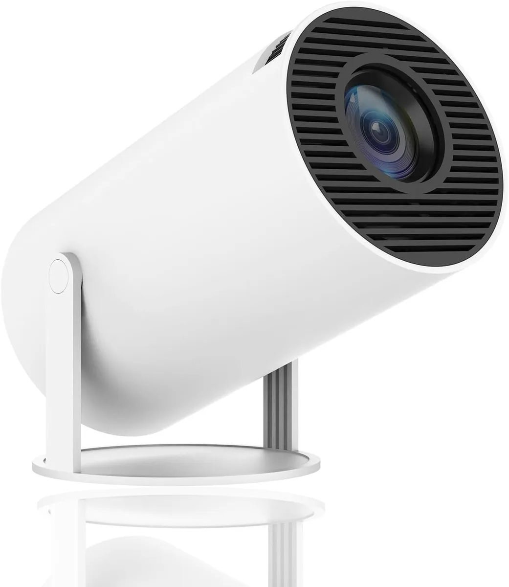 Compact white mini projector with integrated rotating cradle stand