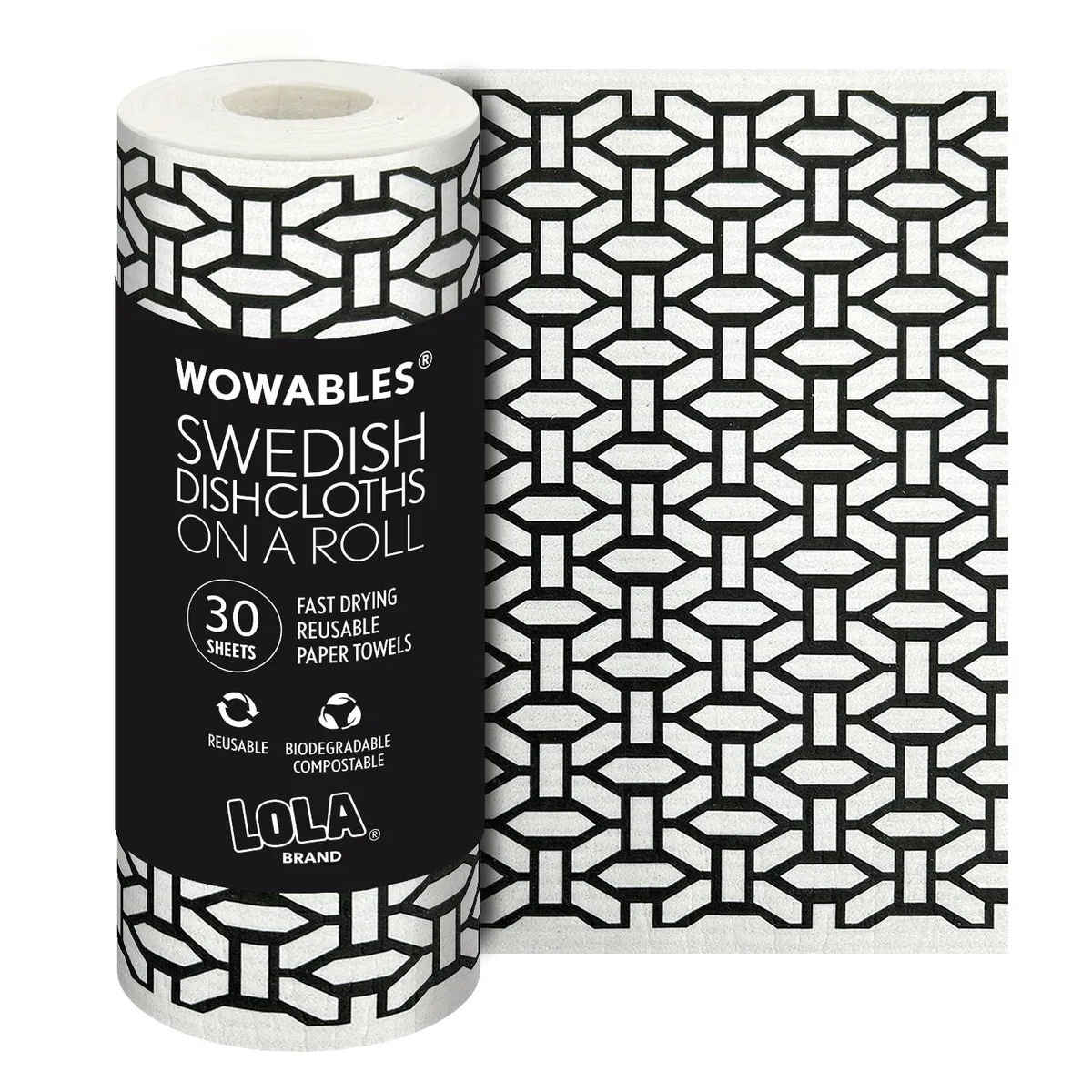 A roll of 30 perforated white sheets with geometric pattern and a hook