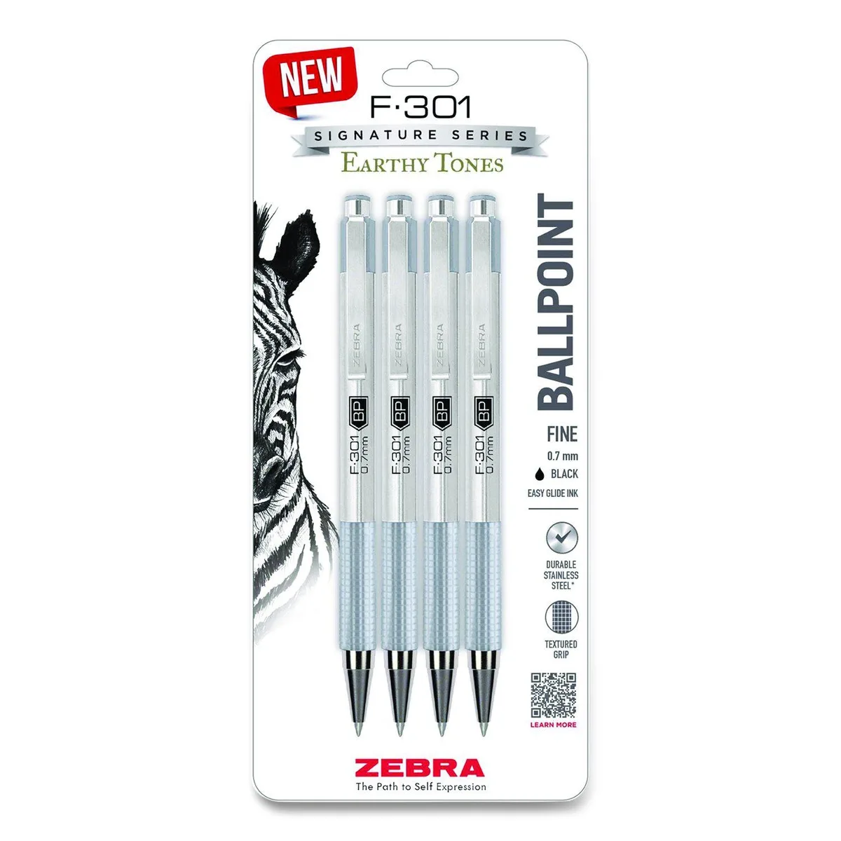 Zebra Pen Corporation Zebra Pen Corporation F-301 Earthy Tones Ballpoint Pen Fine 0.7 mm Black Ink Pewter Barrel 4/Pack — product photo