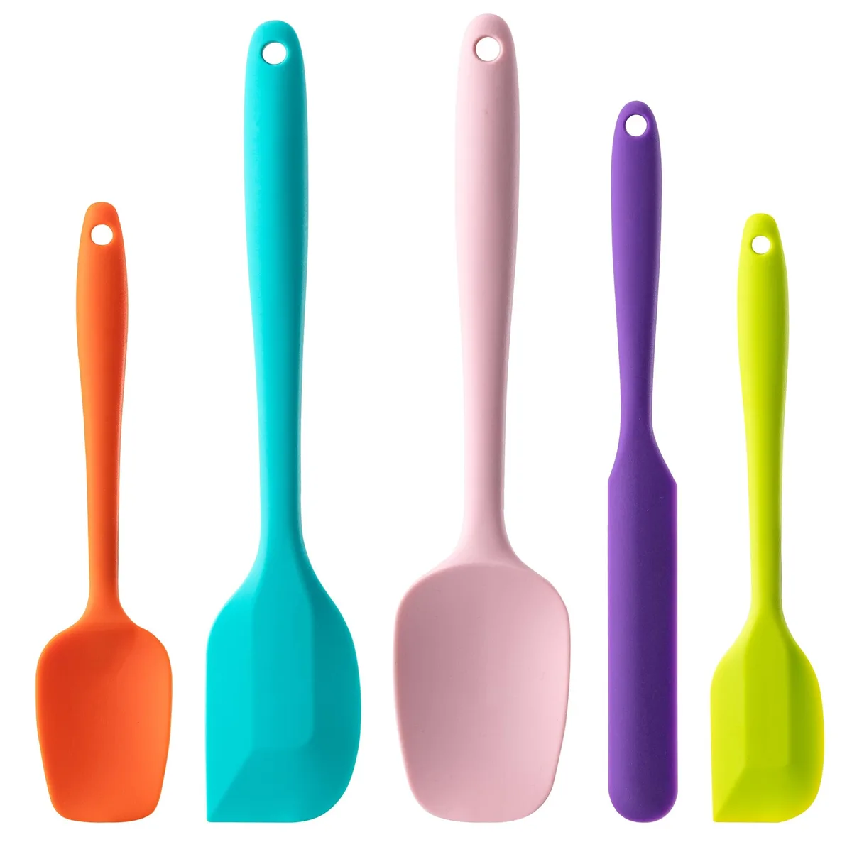 Five silicone spatulas in assorted shapes with hanging loops