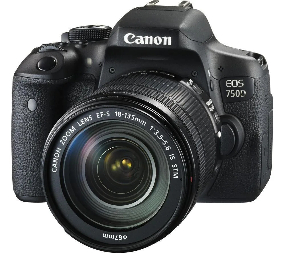 Canon Canon EOS 750D DSLR with EF-S 18-135mm f/3.5-5.6 IS STM camera lens — product photo