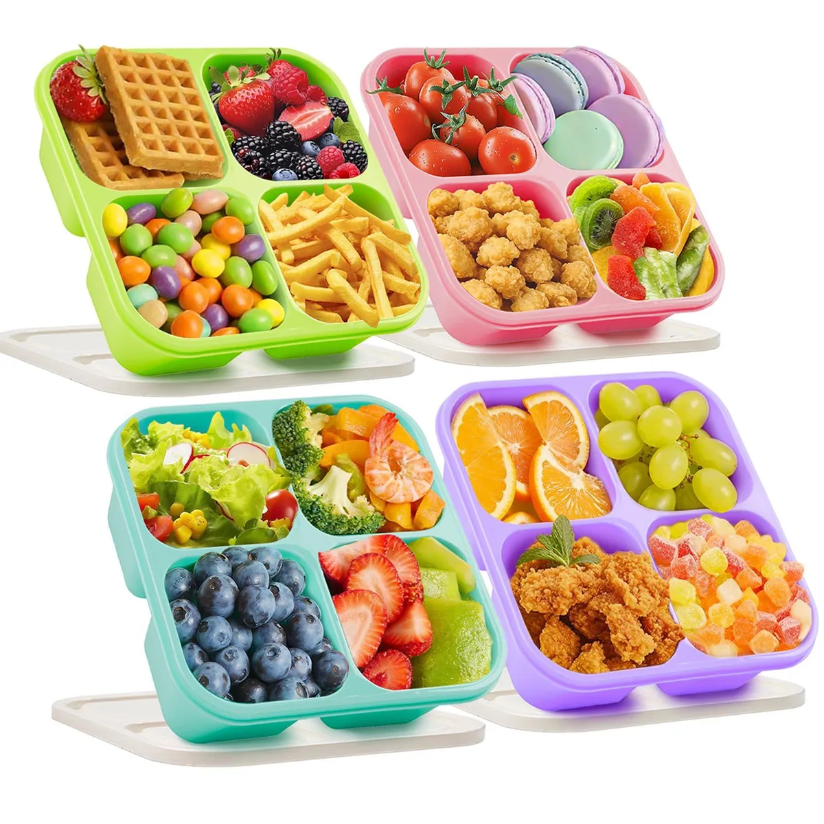 Four stackable rectangular snack containers in grass green with cat-ear lid tabs