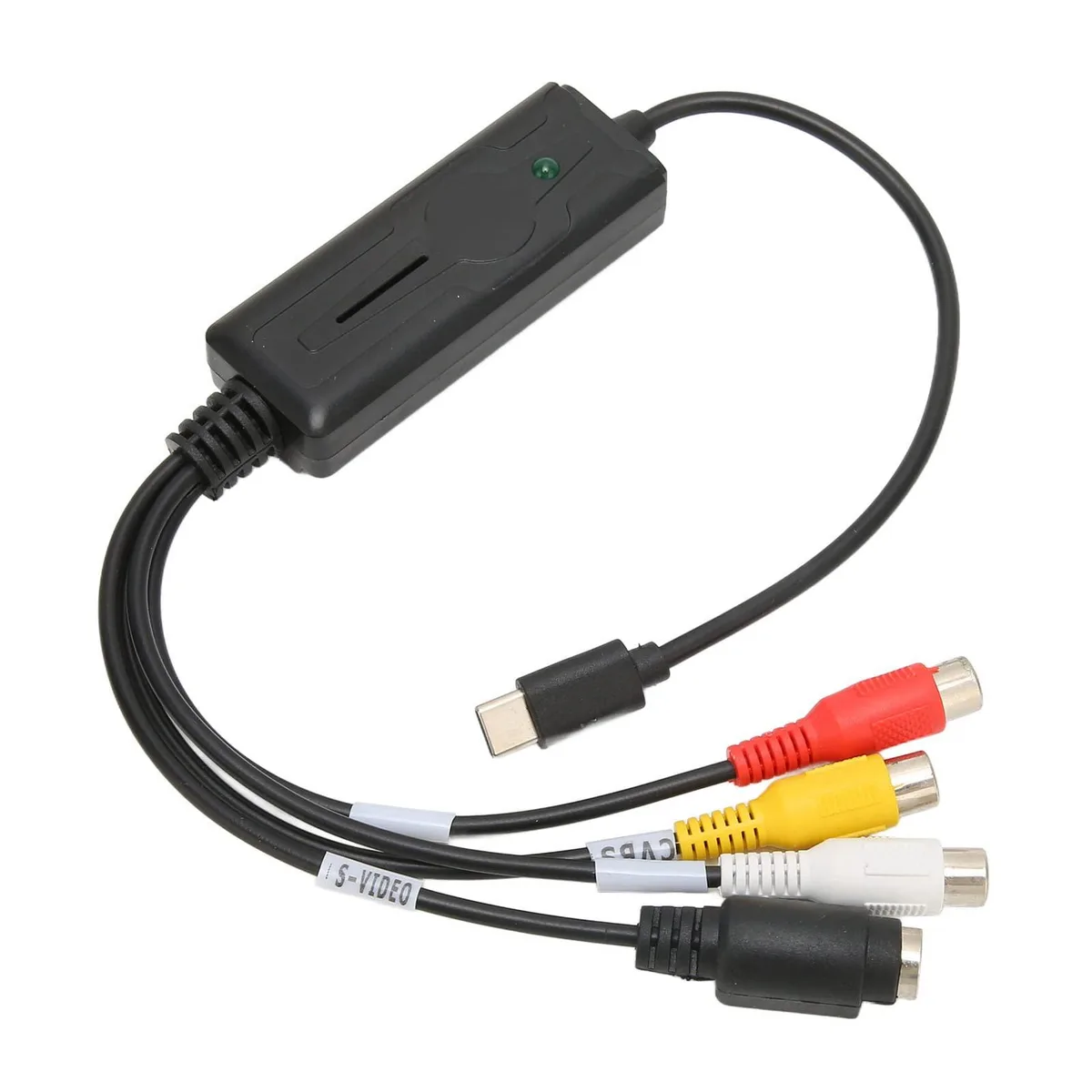Black USB-C capture adapter with AV and S-Video ports