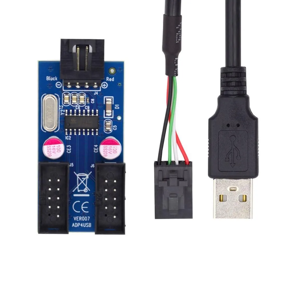 Small black USB 2.0 splitter cable with adhesive backing and 9-pin connectors