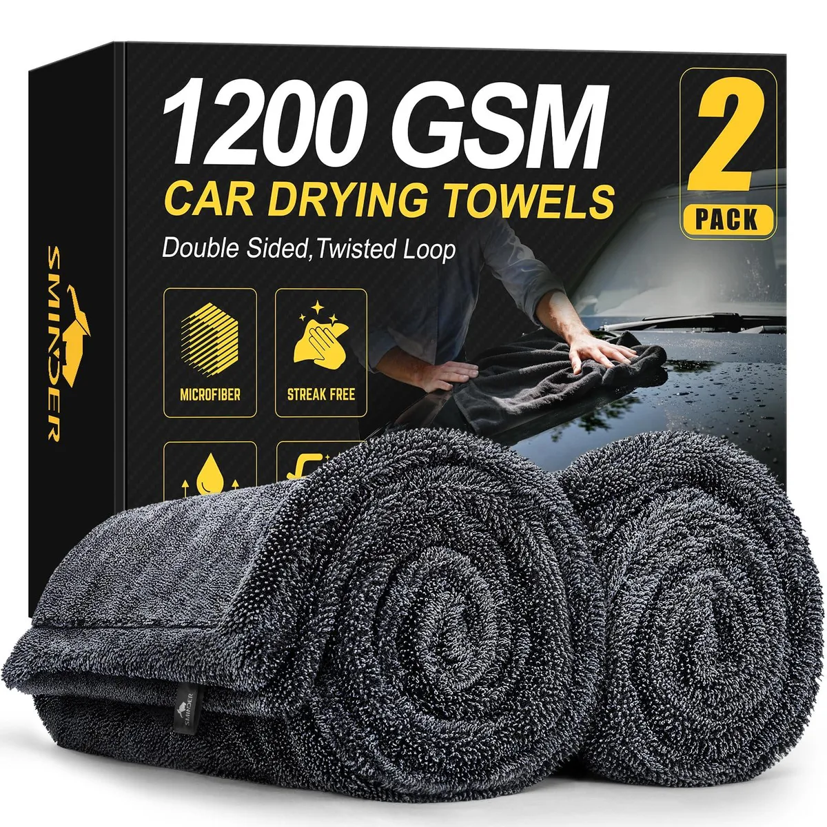 Two gray square microfiber towels, edgeless double-twist pile, 36 by 24 inches